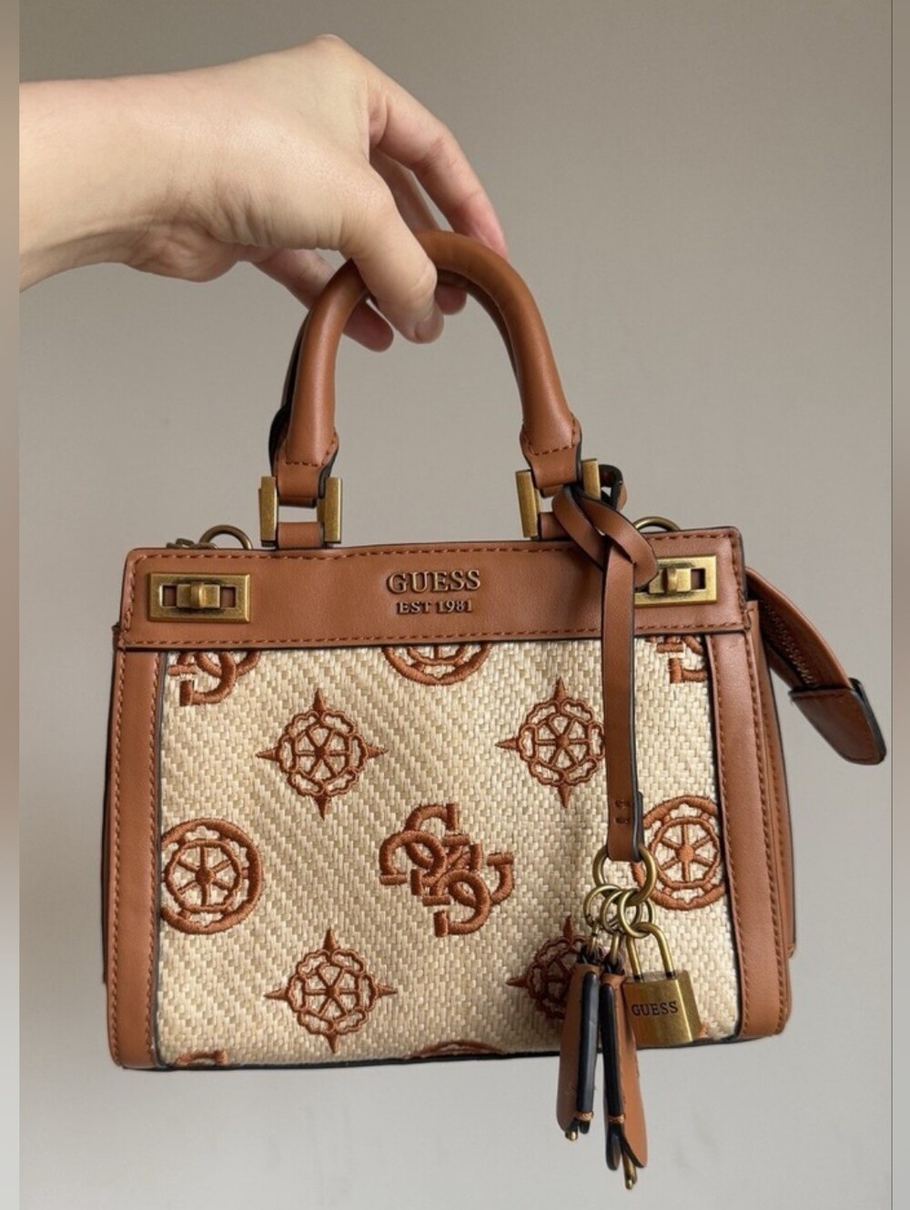 Guess Katey Mini Cognac Beige Woven Raffia Monogram Crossbody Handbag